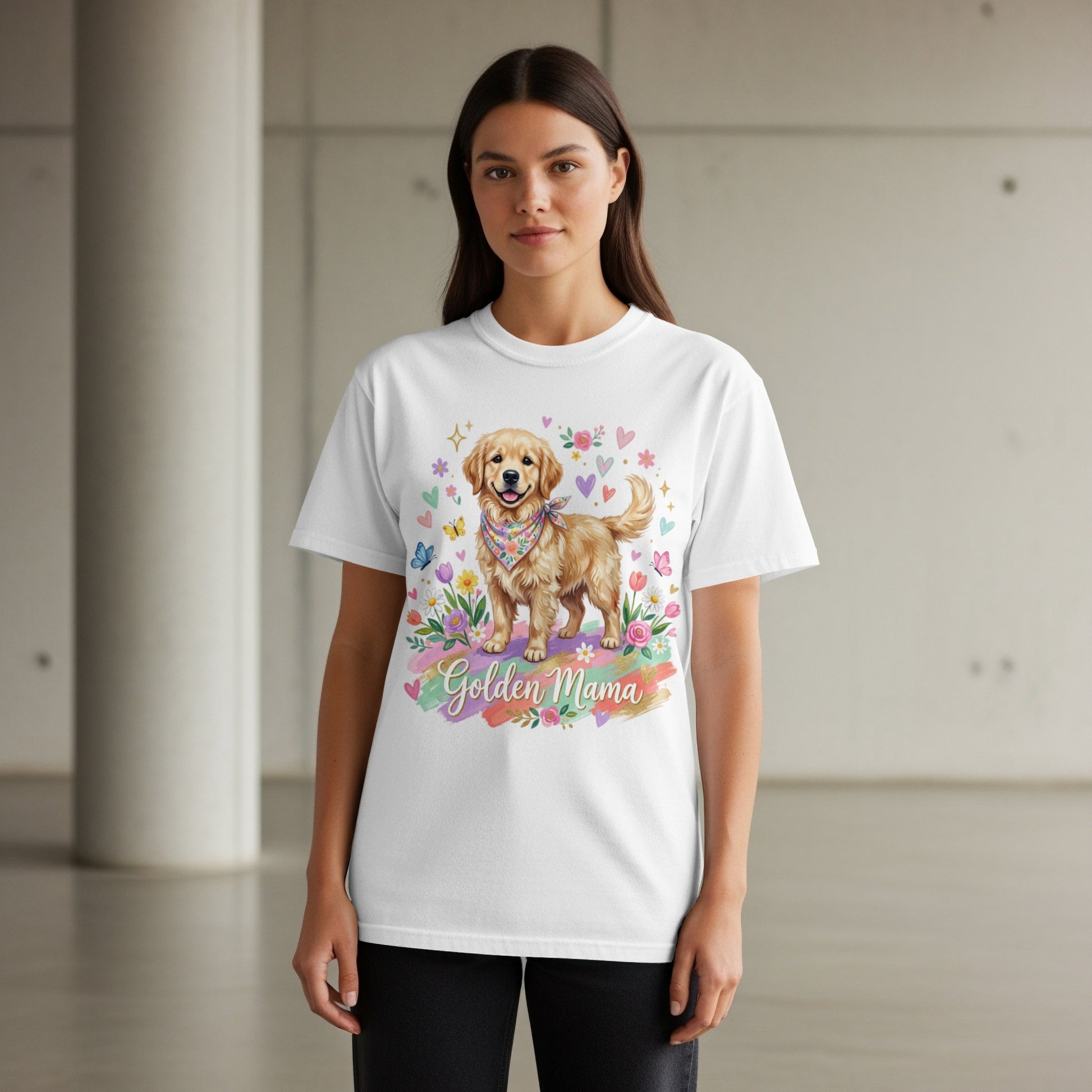 Golden Mama t-shirt with a watercolor golden retriever and floral accents.