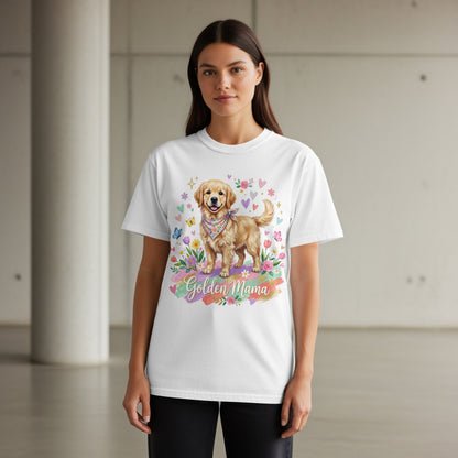Golden Mama t-shirt with a watercolor golden retriever and floral accents.