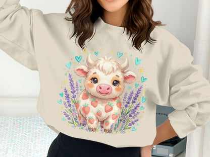 Cream sweatshirt with cute strawberry cow and lavender illustration.