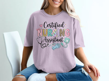 Certified Nursing Assistant graphic tee with stethoscope and medical icons.