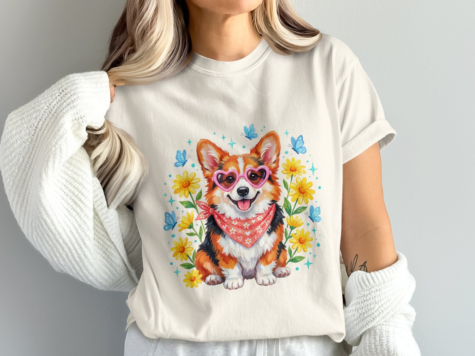 Corgi wearing heart sunglasses and bandana with flowers and butterflies.