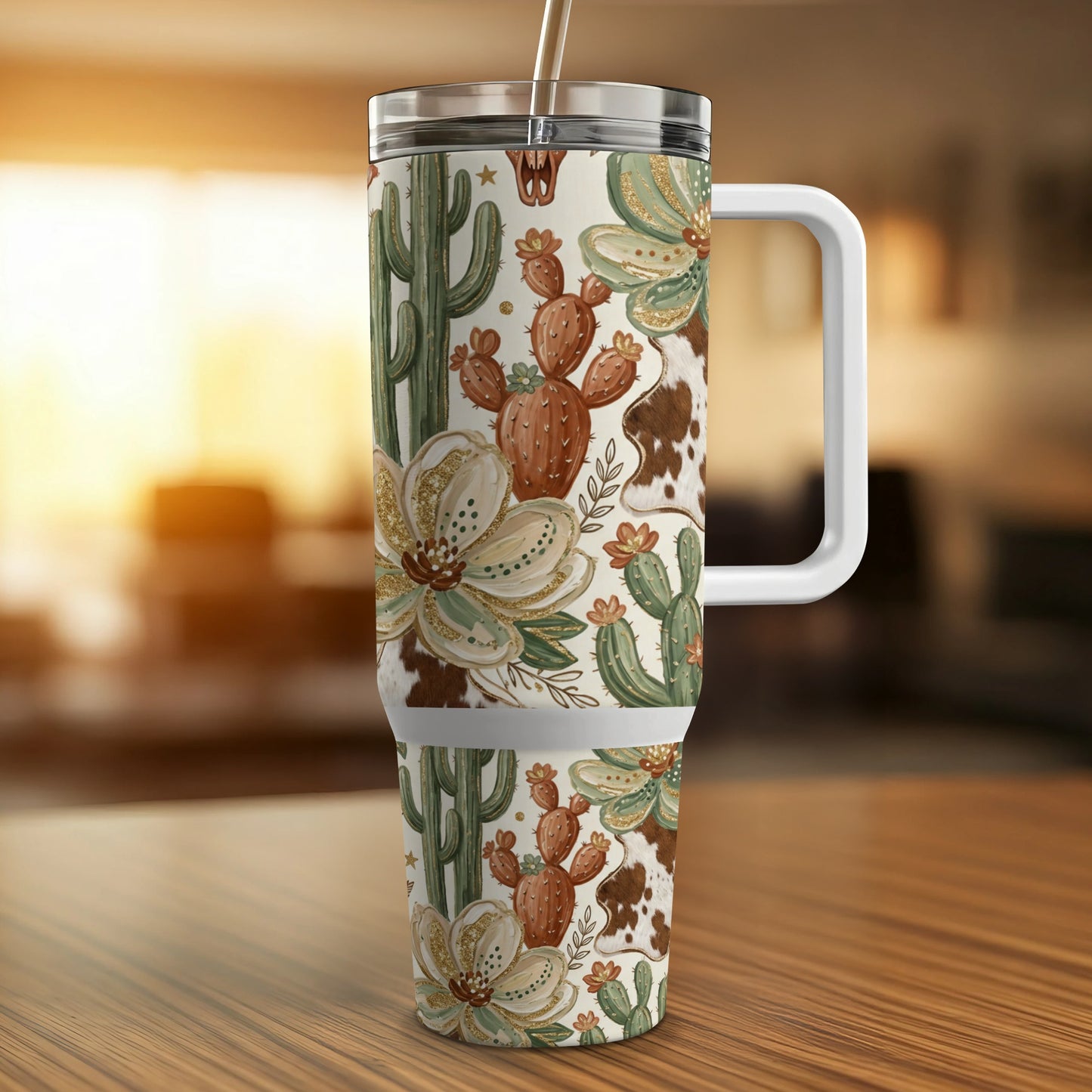 Western-themed tumbler with cactus, floral, and cowhide patterns.
