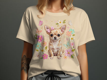 Chihuahua wearing a pink bow and surrounded by pastel flowers and butterflies.