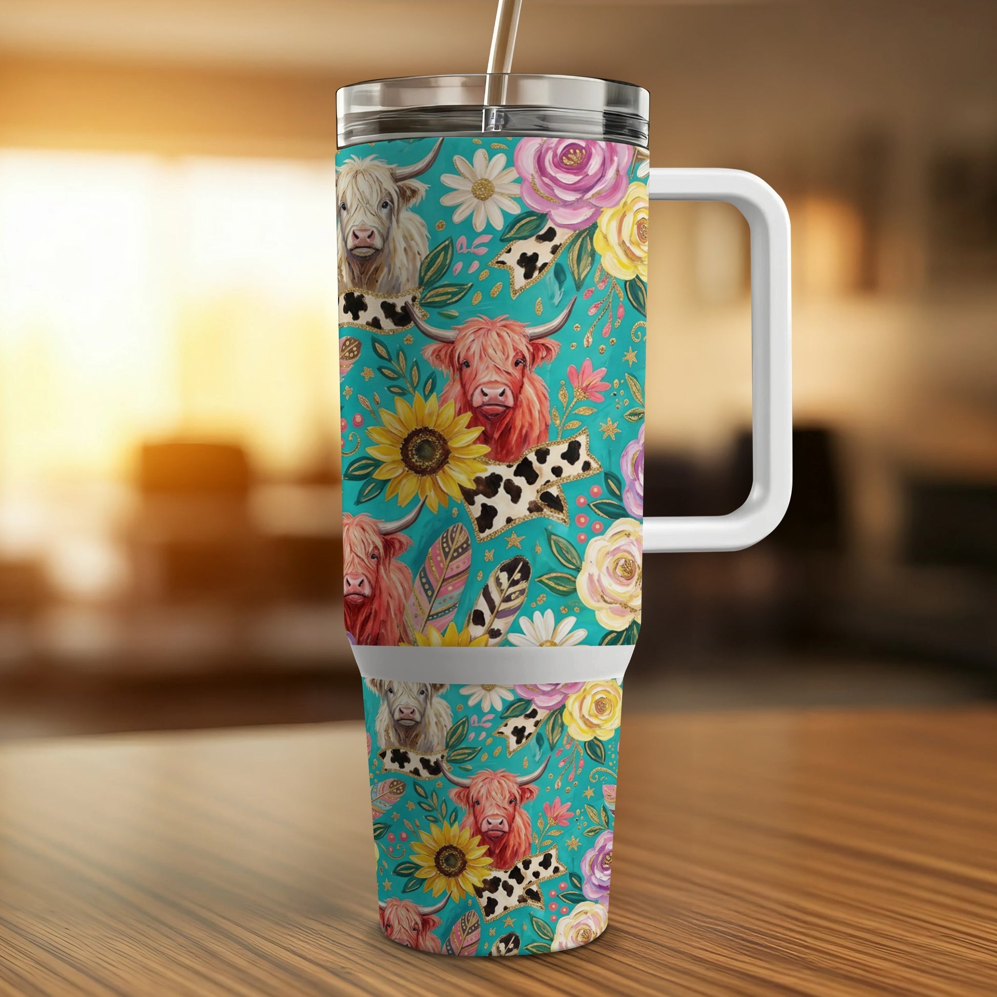 Turquoise tumbler with Highland cows, sunflowers, and roses.