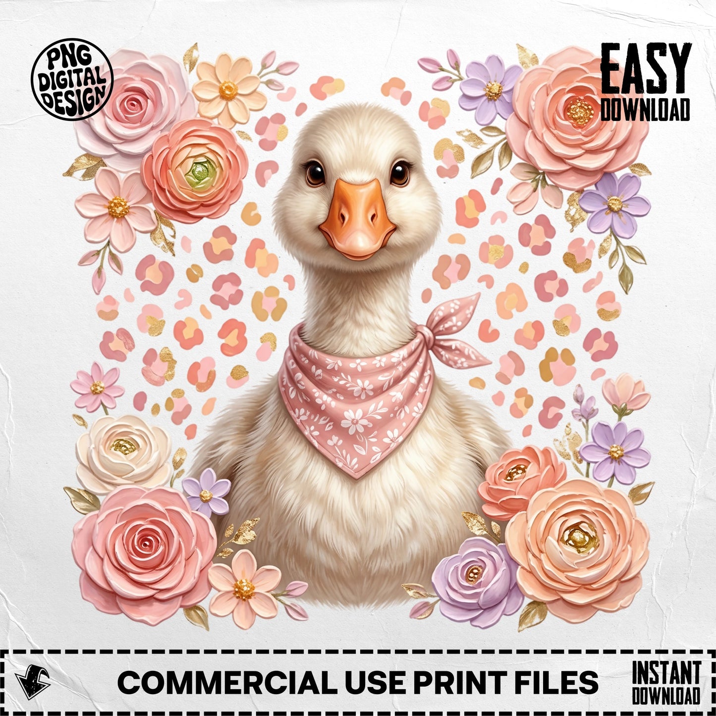 Cute duck wearing a bandana, surrounded by roses and leopard print.