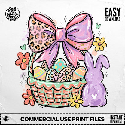 Easter basket with painted eggs, bow, and bunny, with "Easy Download" text.