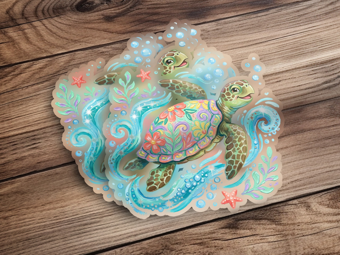 Colorful sea turtle with floral patterns surrounded by bubbles and starfish.