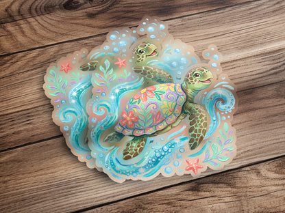Colorful sea turtle with floral patterns surrounded by bubbles and starfish.