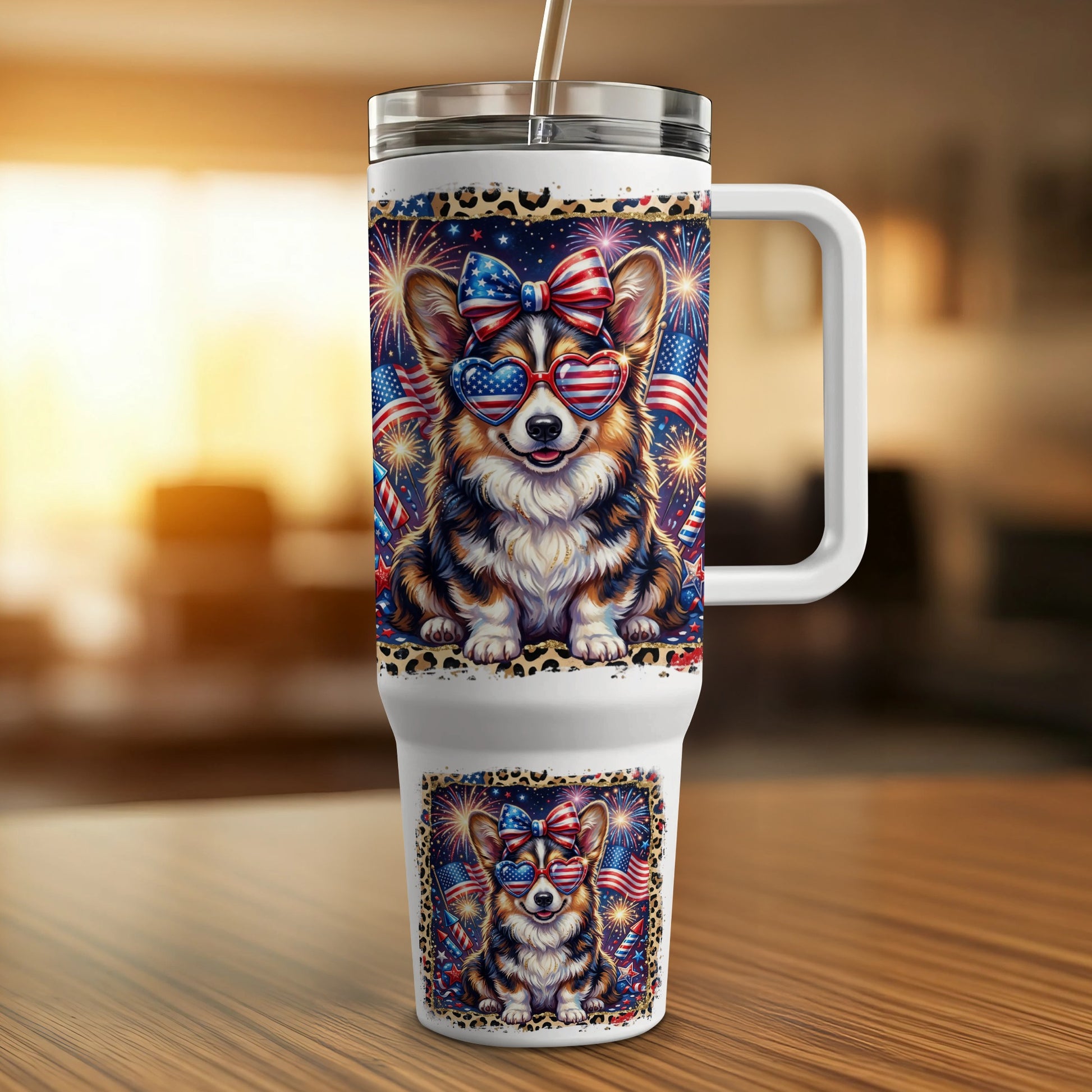 Corgi with heart-shaped sunglasses and fireworks, patriotic design on tumbler.