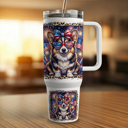 Corgi with heart-shaped sunglasses and fireworks, patriotic design on tumbler.