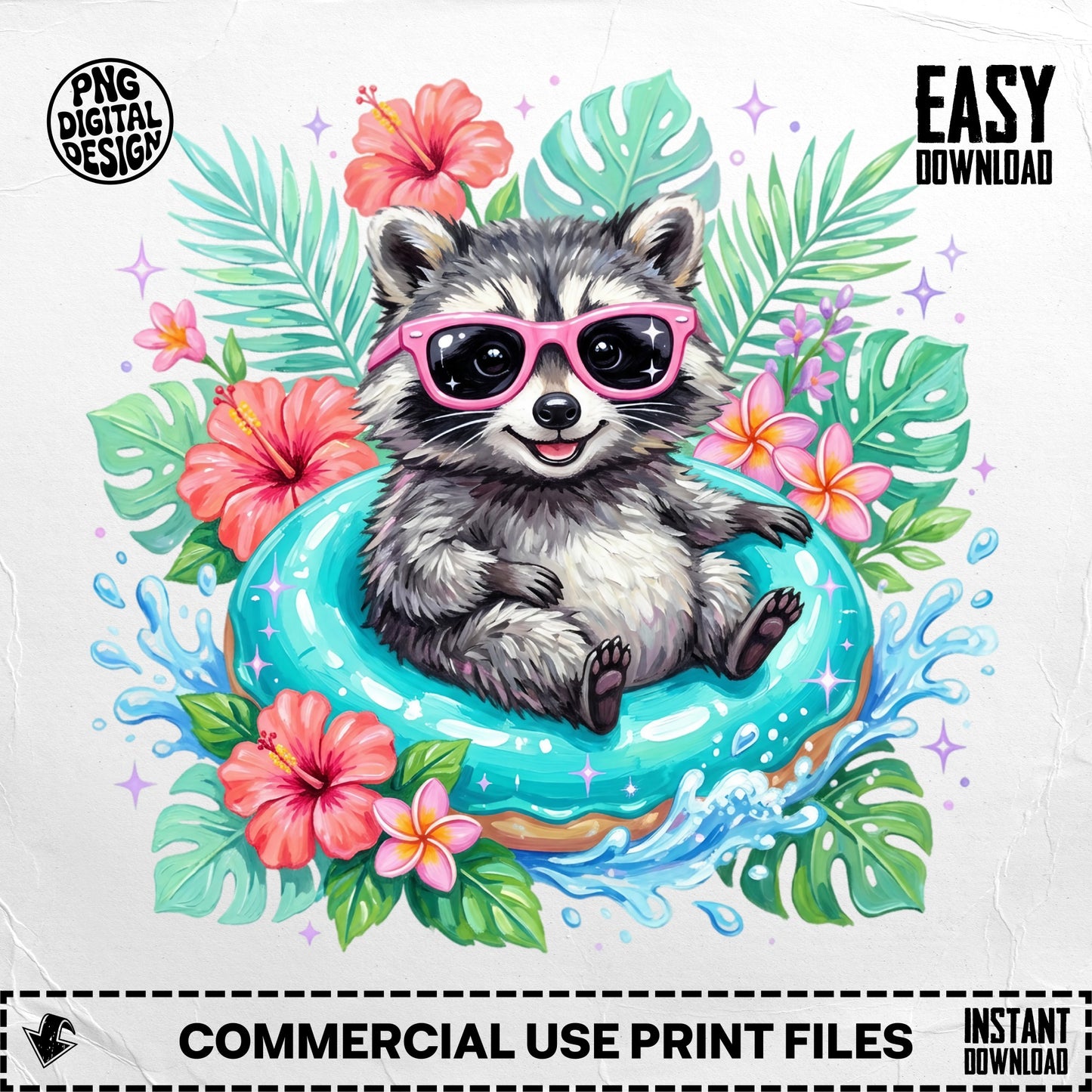 Cute raccoon in sunglasses floats on a teal inner tube surrounded by tropical flowers.
