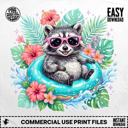 Cute raccoon in sunglasses floats on a teal inner tube surrounded by tropical flowers.