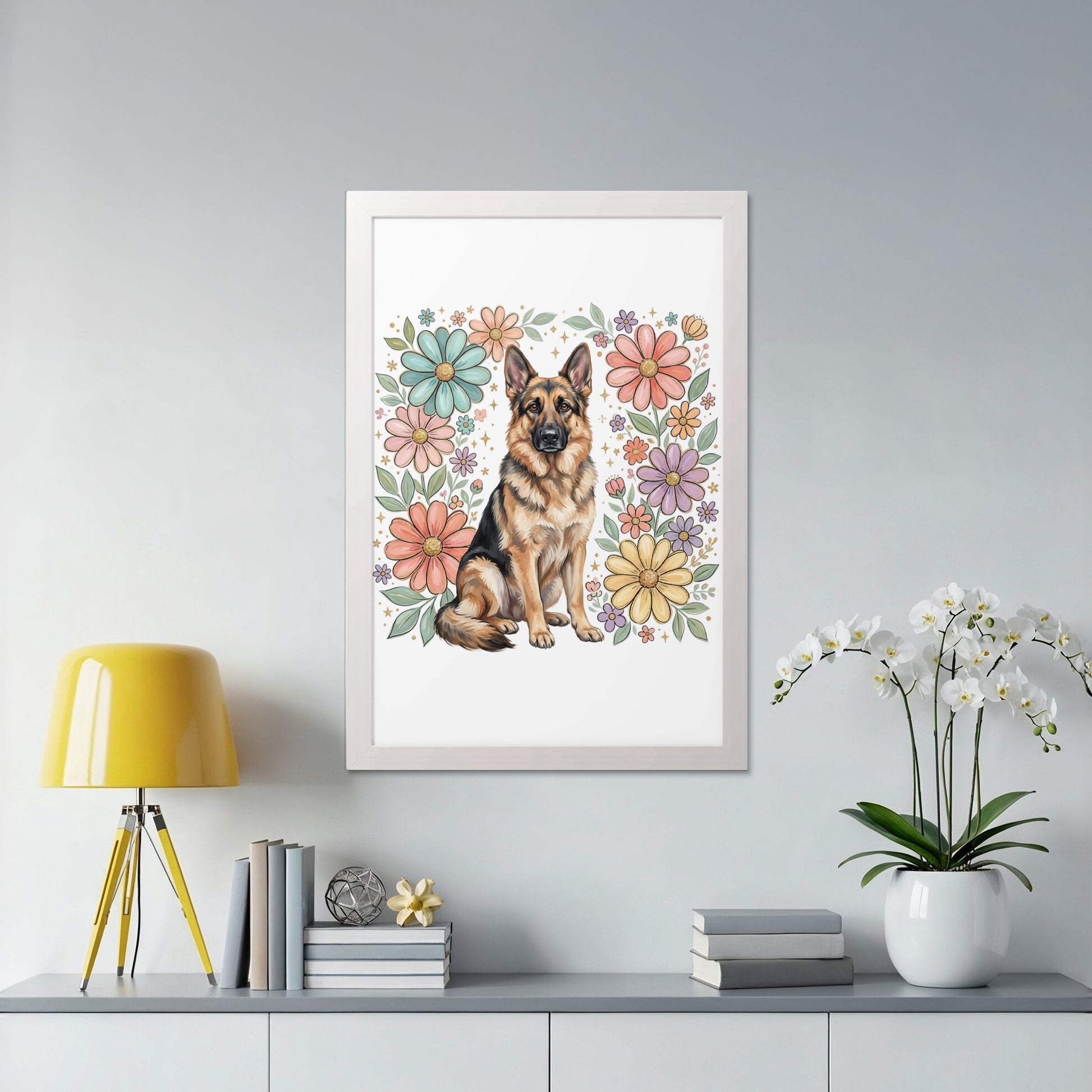 Framed artwork of a German Shepherd surrounded by colorful flowers.