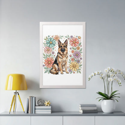 Framed artwork of a German Shepherd surrounded by colorful flowers.