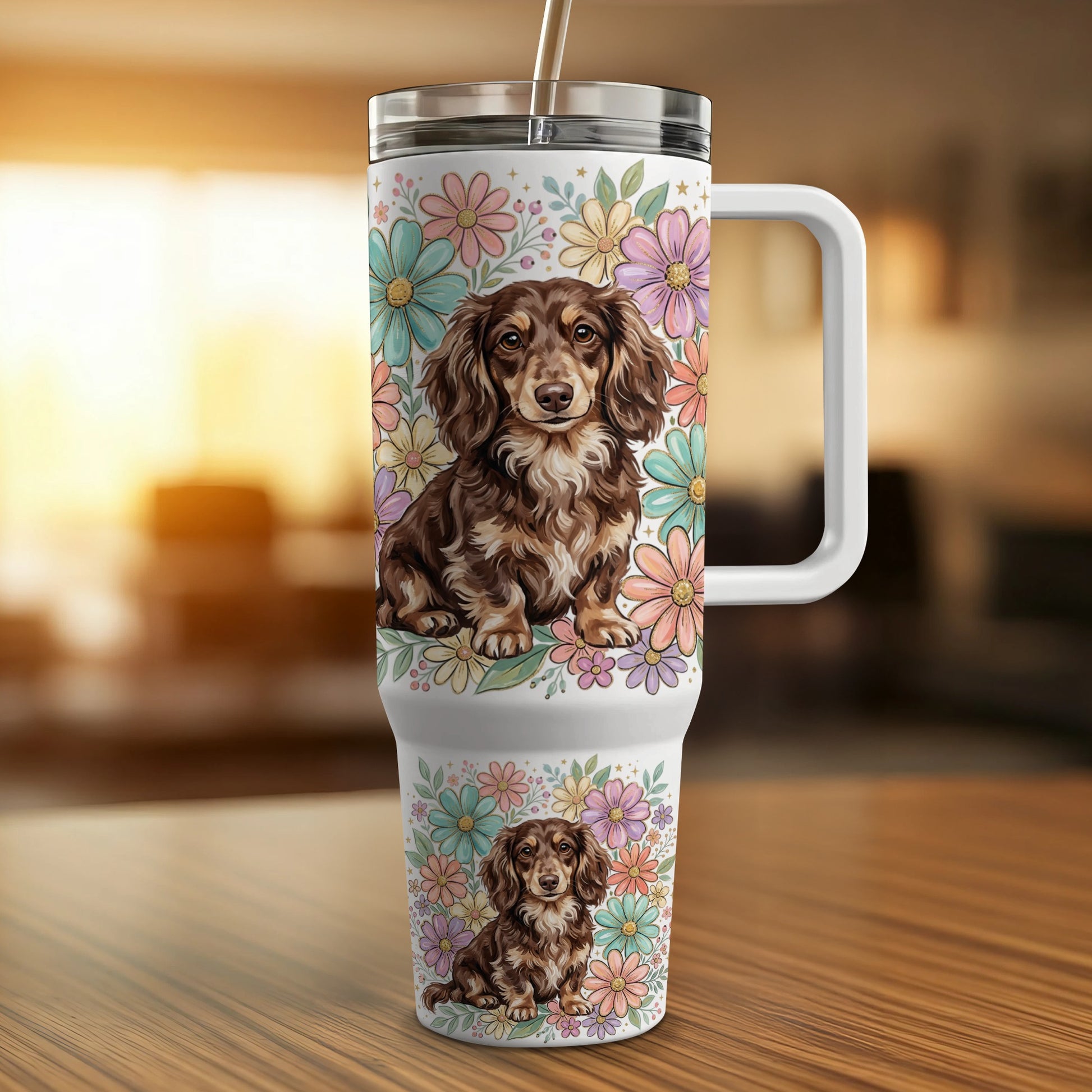 Dachshund dog on floral tumbler with handle and straw.