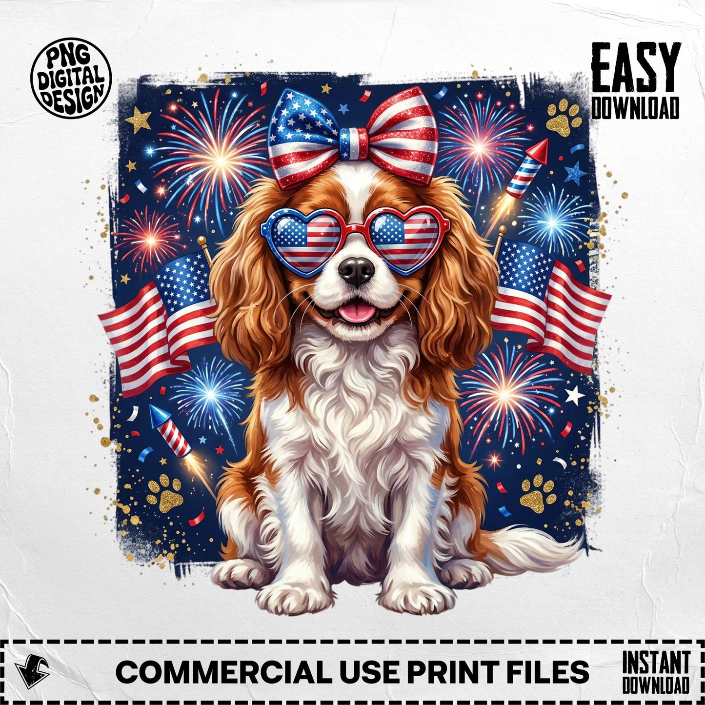 Cavalier King Charles Spaniel wearing patriotic glasses and bow with fireworks.