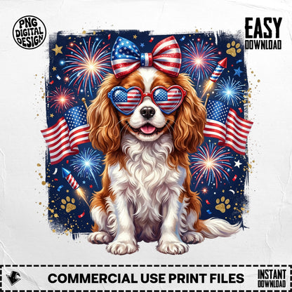 Cavalier King Charles Spaniel wearing patriotic glasses and bow with fireworks.