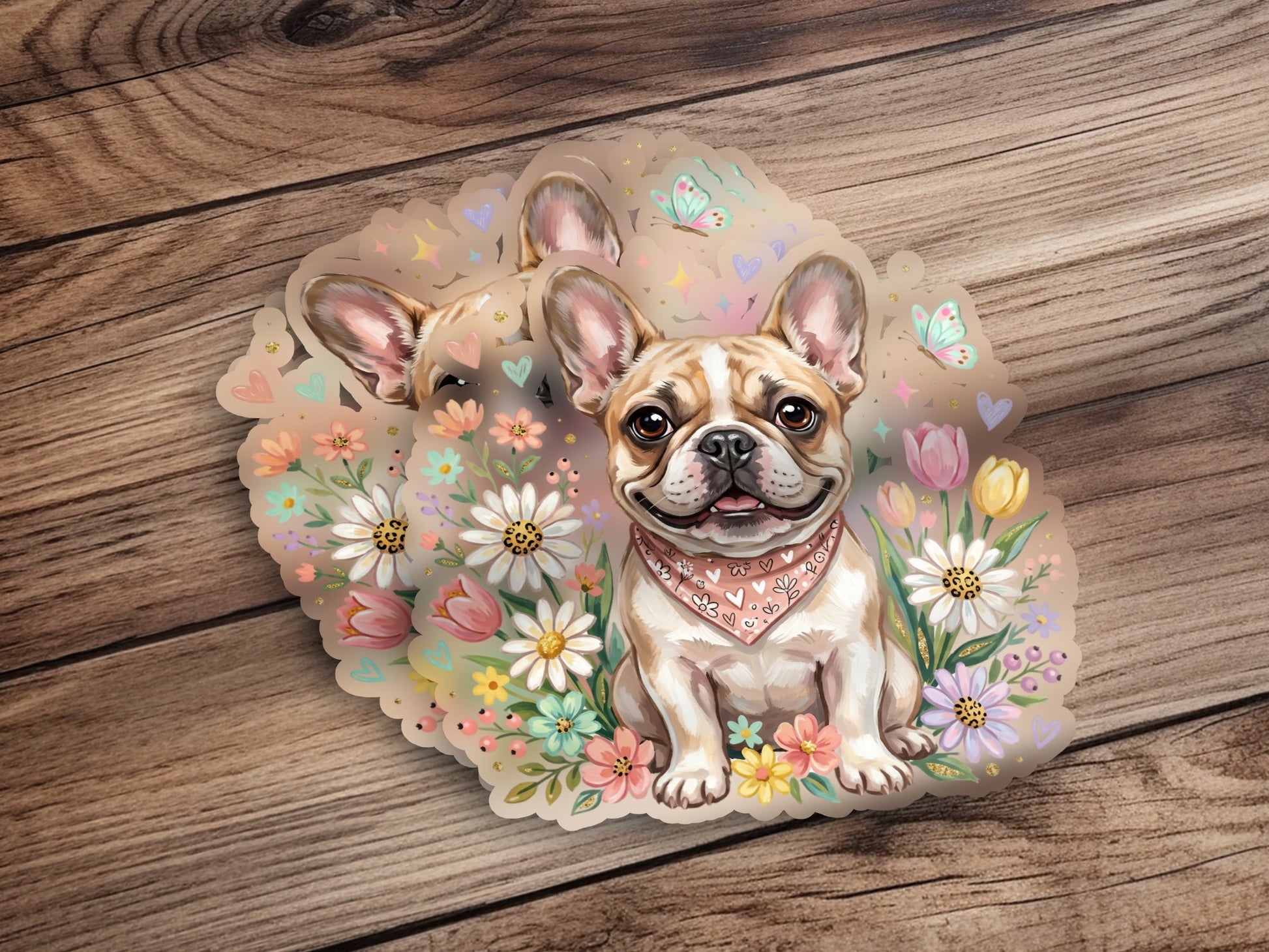 French bulldog wearing bandana surrounded by colorful flowers and butterflies.