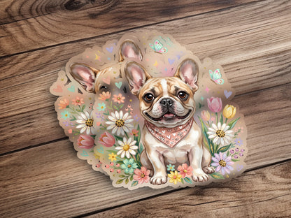 French bulldog wearing bandana surrounded by colorful flowers and butterflies.