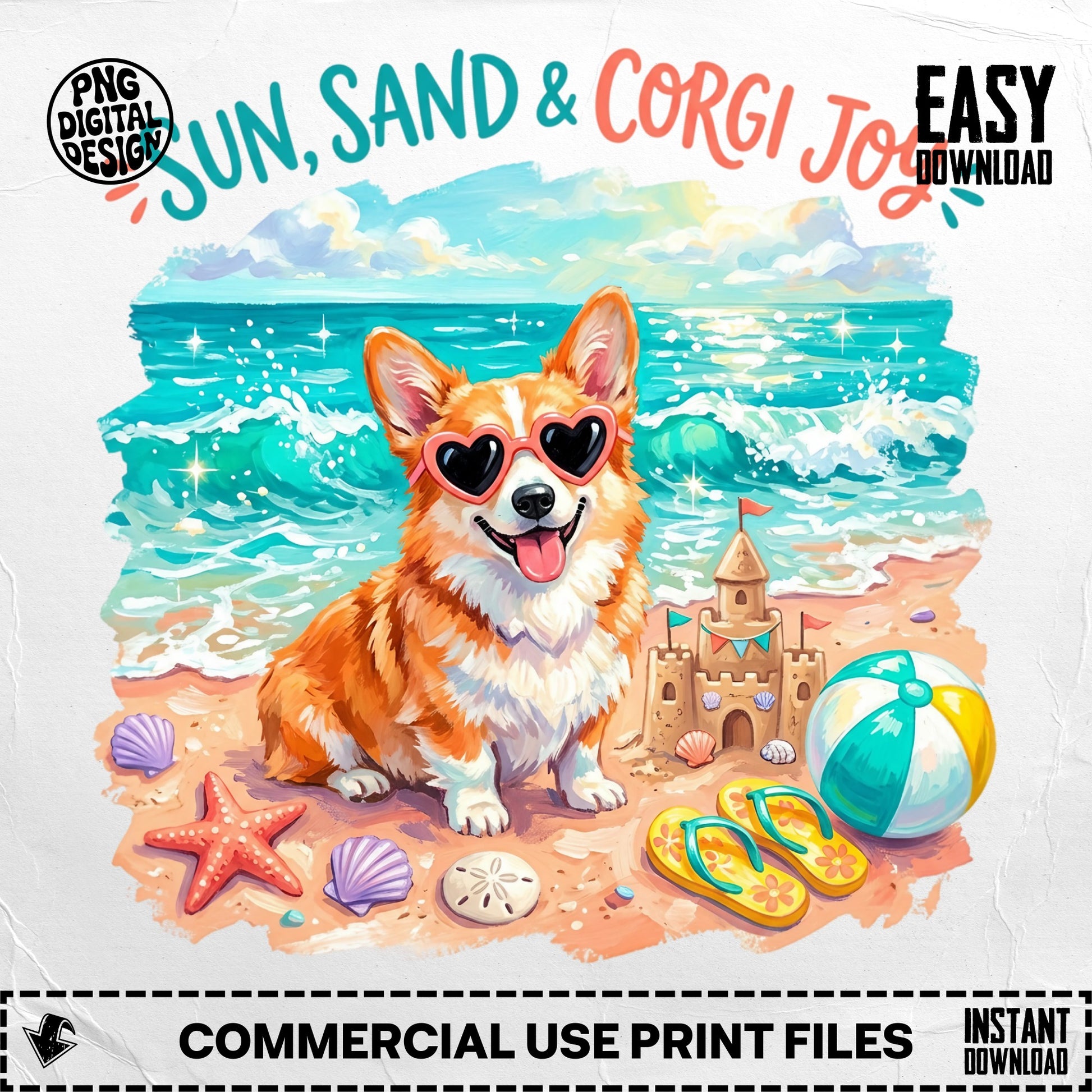 Corgi wearing sunglasses sits by a sandcastle on a beach, with "Sun, Sand & Corgi Joy" text.
