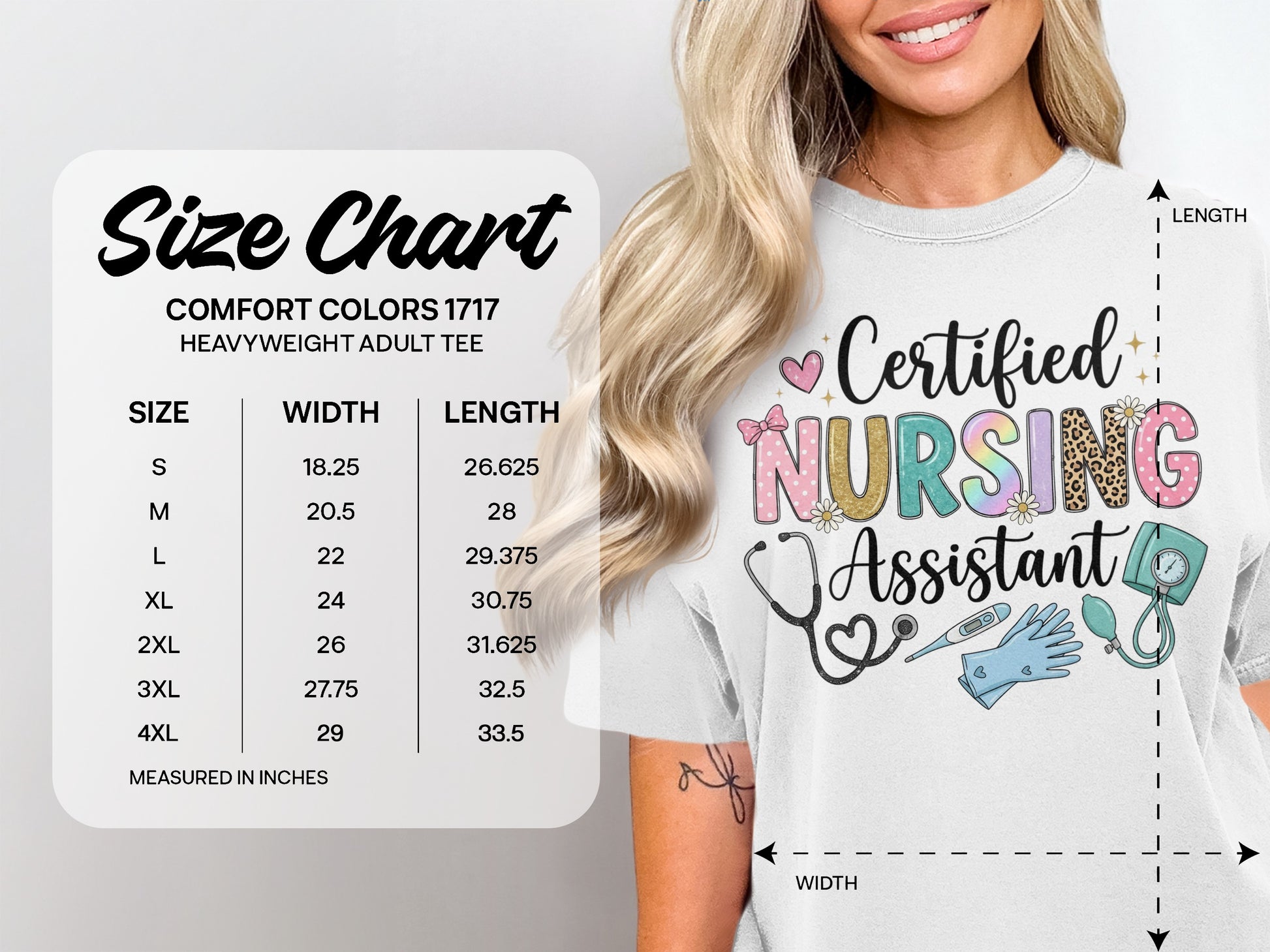 Size chart for Comfort Colors heavyweight adult tee with dimensions.