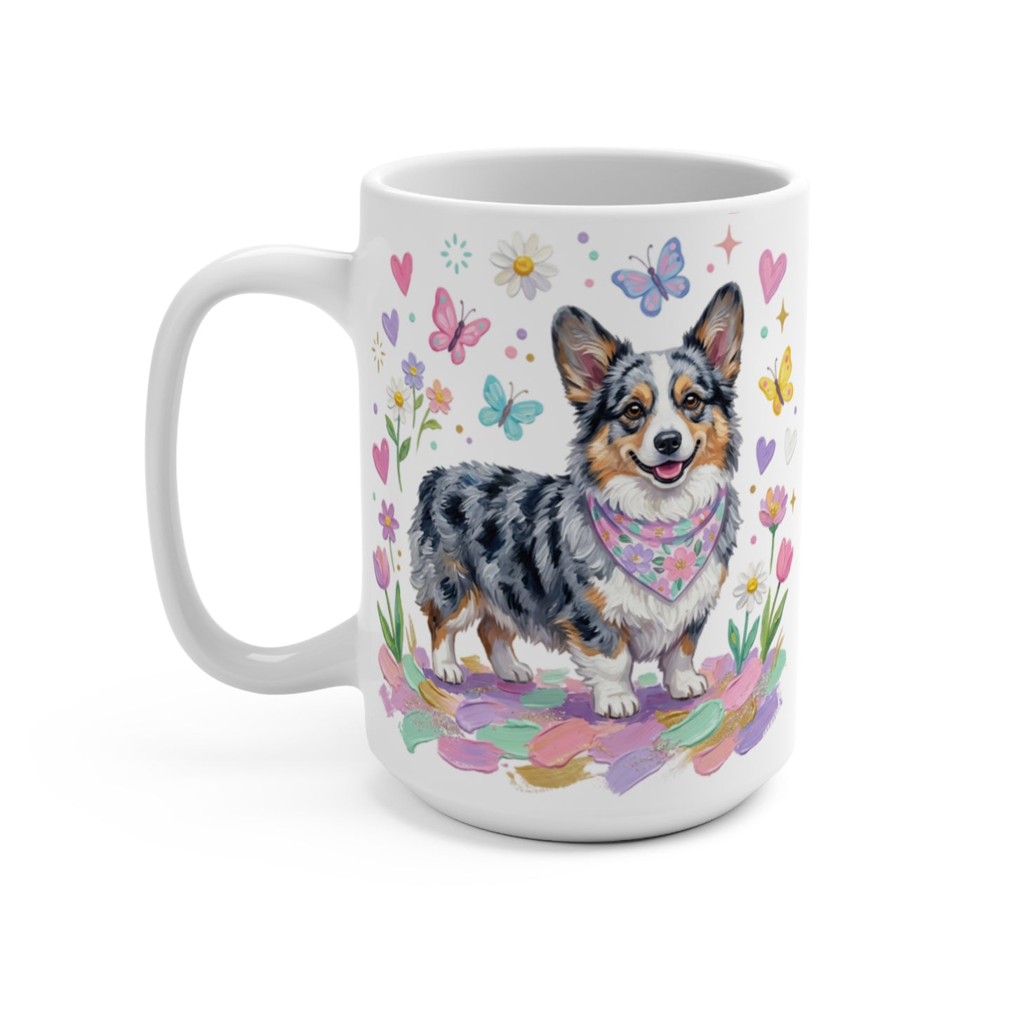 Mug with blue merle corgi wearing bandana, surrounded by flowers and butterflies.