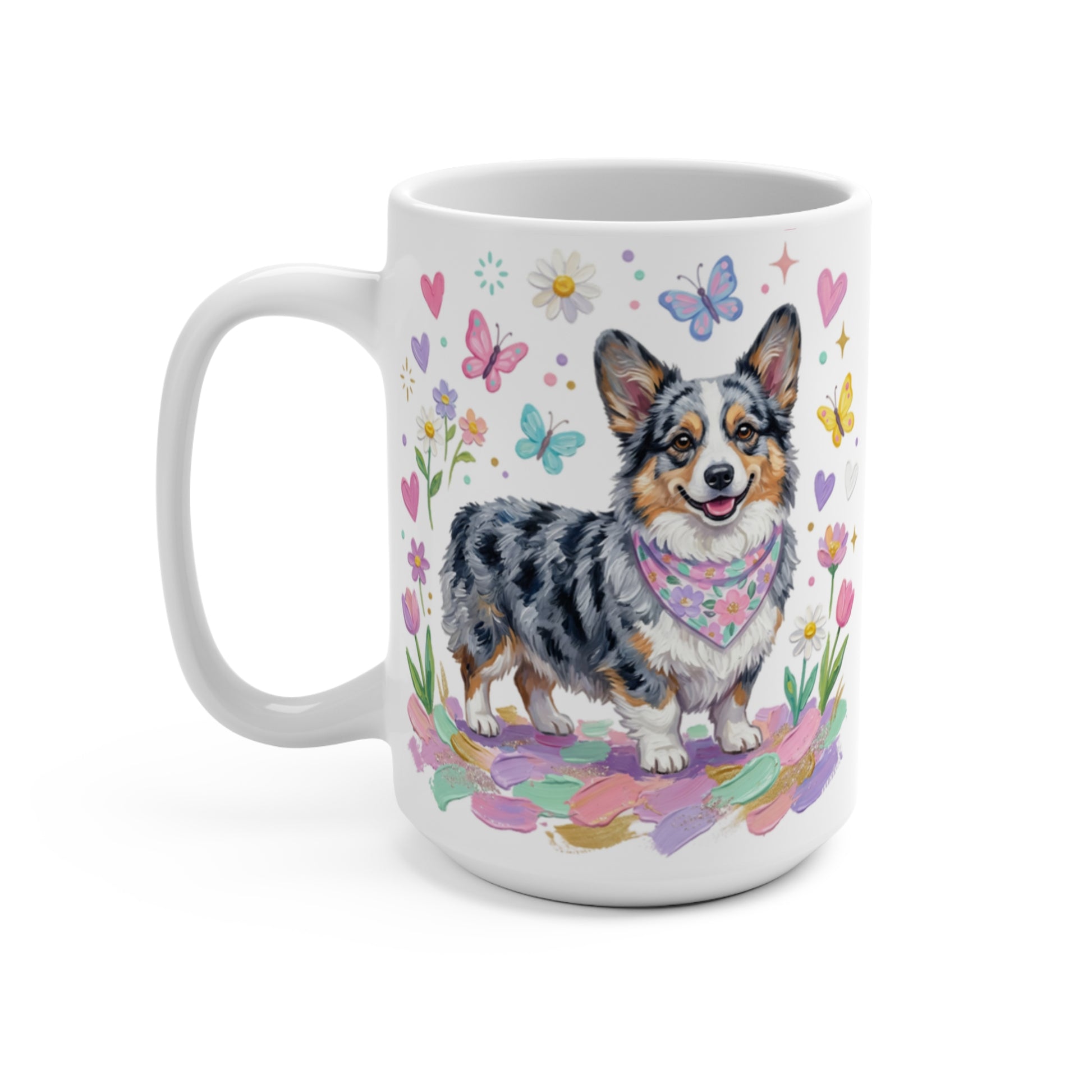 Mug with blue merle corgi wearing bandana, surrounded by flowers and butterflies.