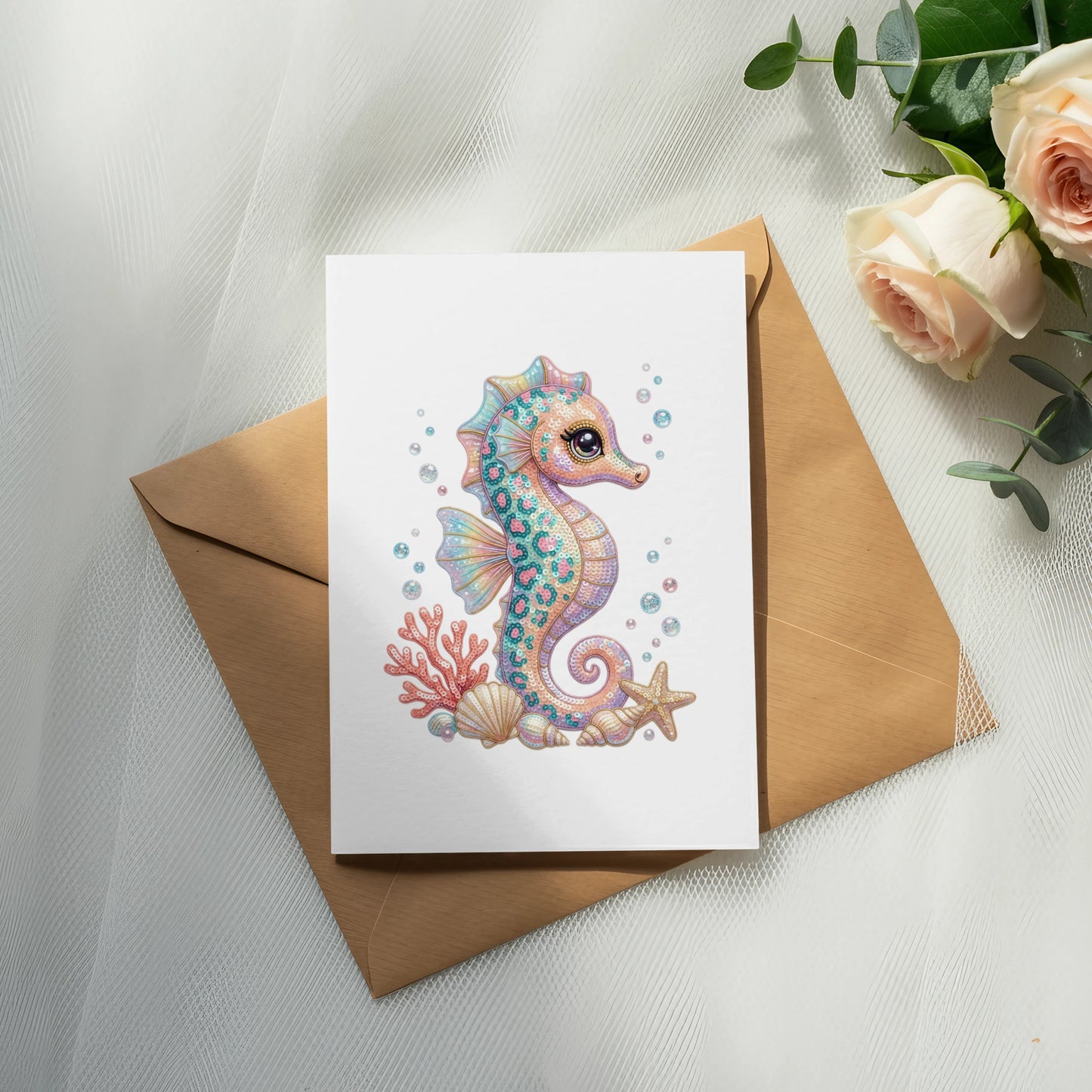 Seahorse illustration with seashells on a kraft paper envelope.
