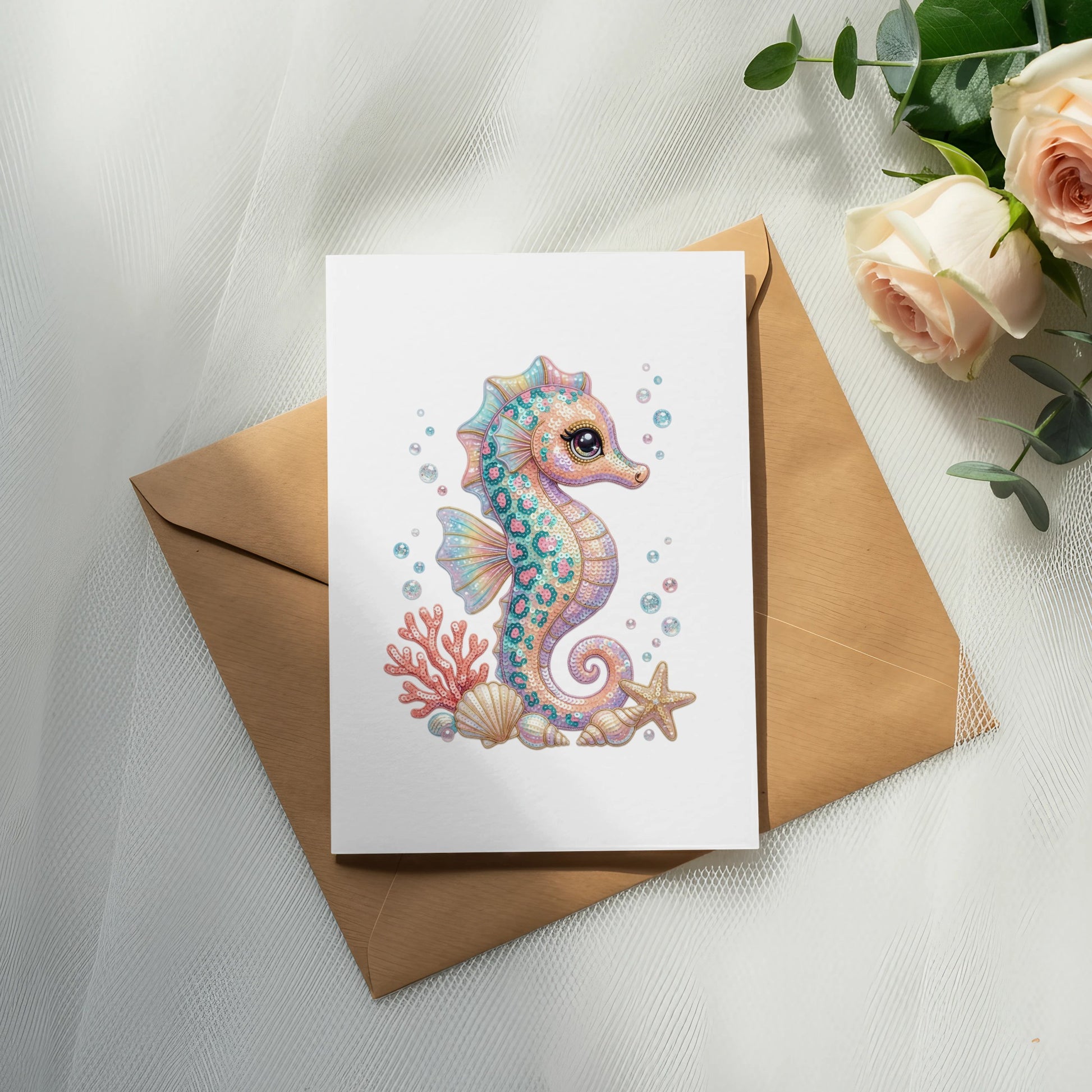 Seahorse illustration with seashells on a kraft paper envelope.