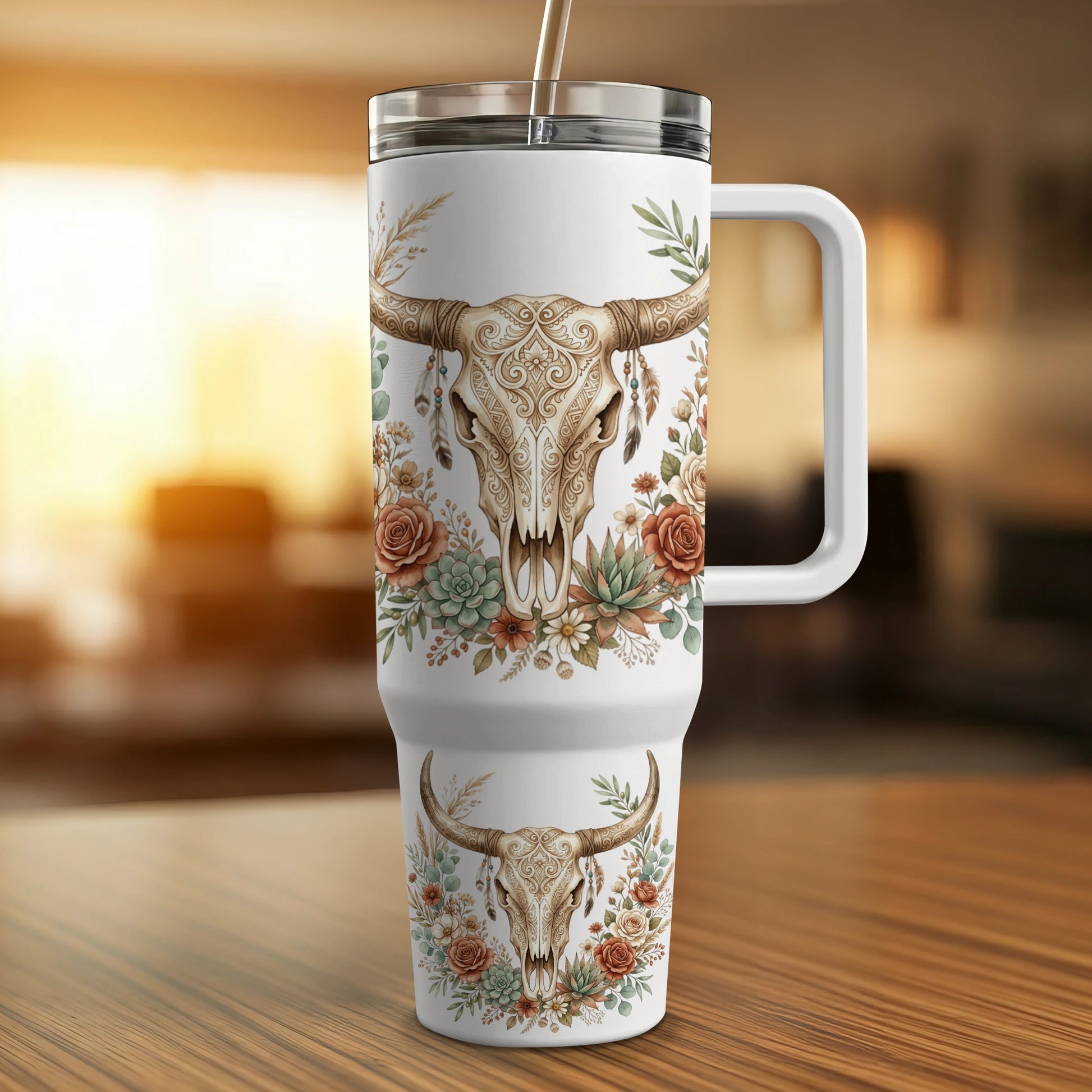 White tumbler with a bohemian skull and floral design.