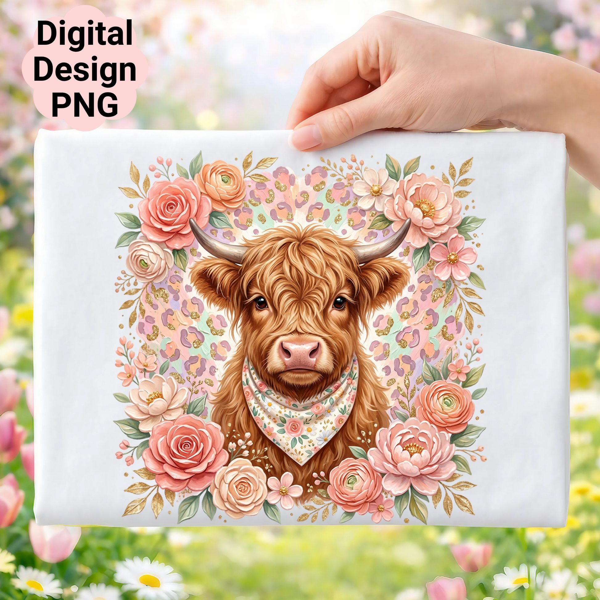 Highland cow with floral border and leopard print accent.