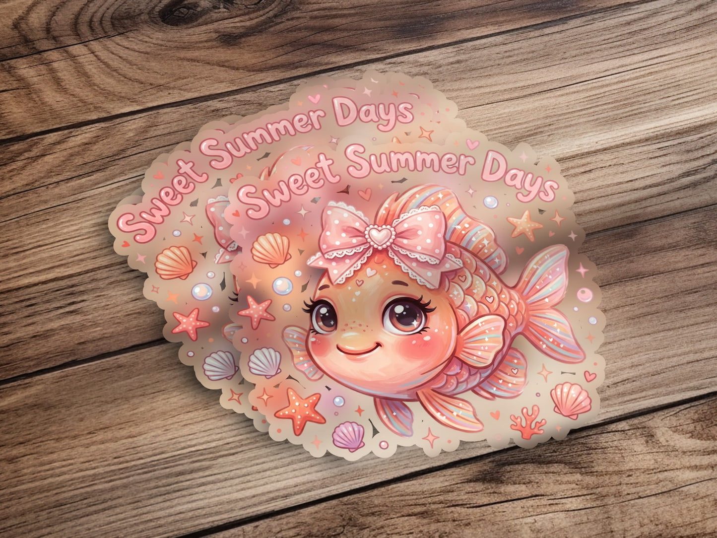 Cute cartoon goldfish with "Sweet Summer Days" text and shells.