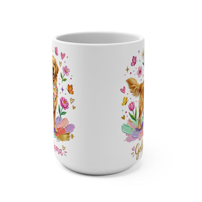White mug with golden retriever illustration and "Golden Mama" text.