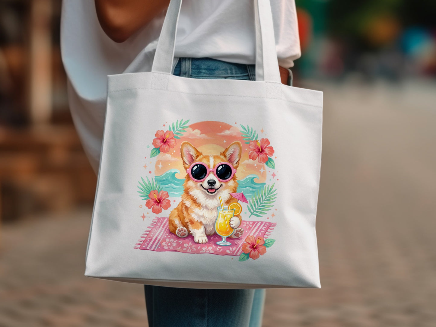 White tote bag with a happy corgi wearing sunglasses on a beach towel.