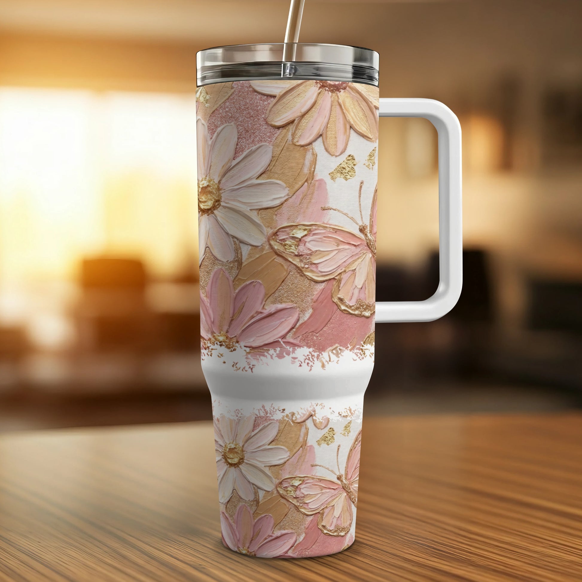 White tumbler with textured floral and butterfly design and a handle.