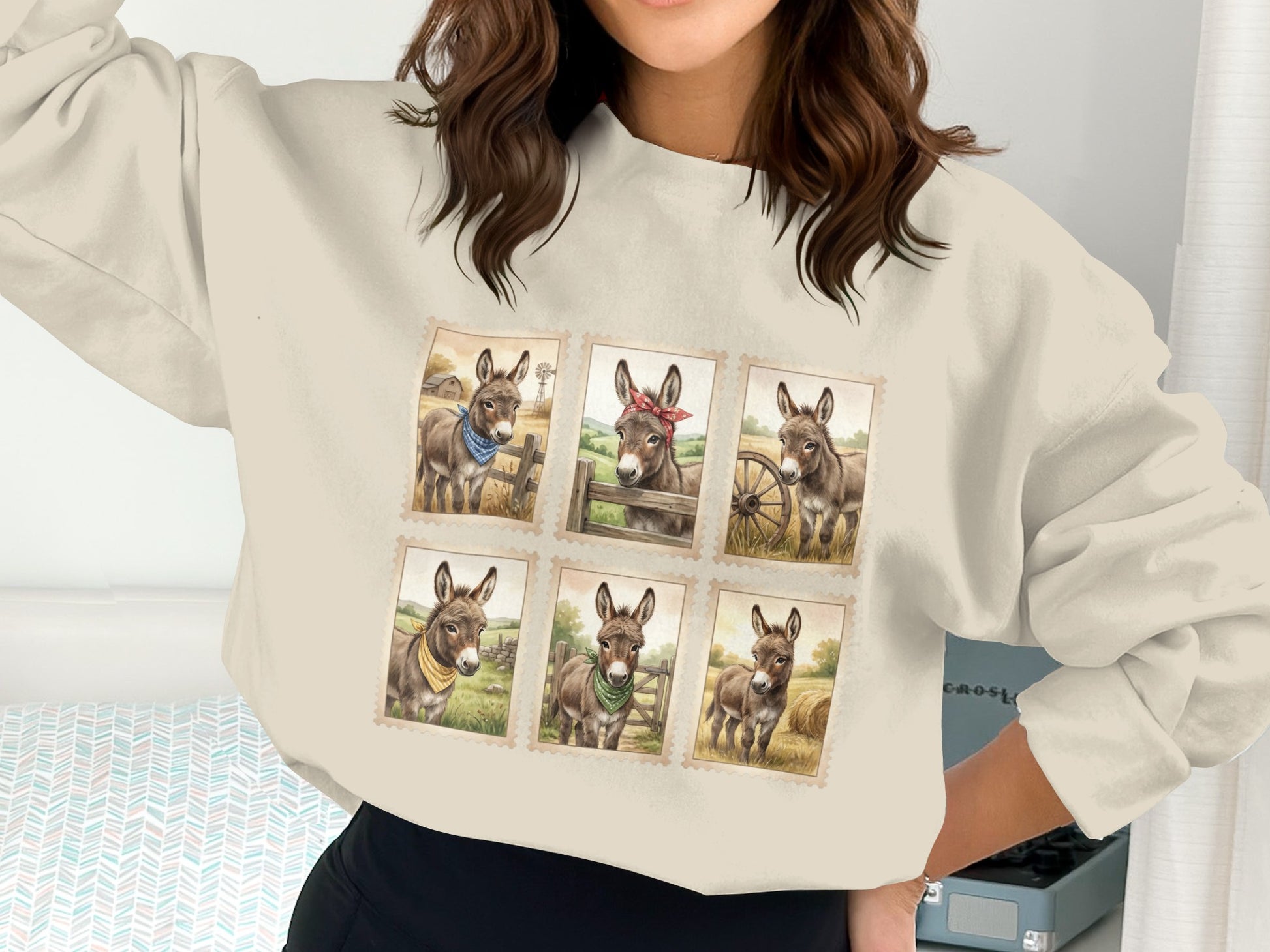 Six cartoon donkeys wearing bandanas, framed like stamps, on a sweatshirt.