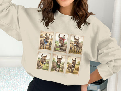 Six cartoon donkeys wearing bandanas, framed like stamps, on a sweatshirt.