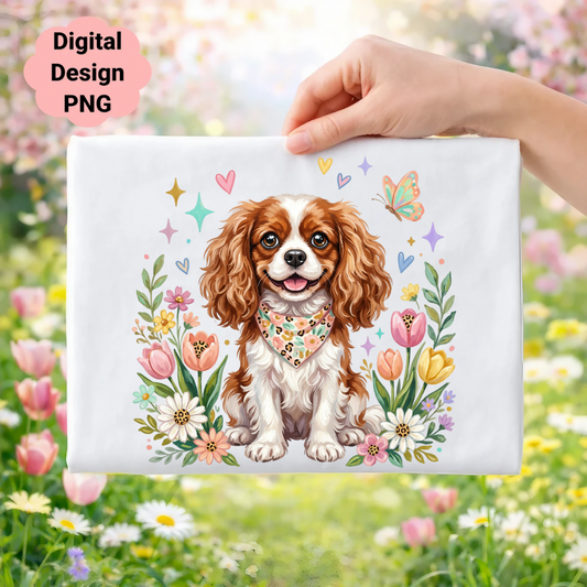 Cavalier King Charles Spaniel with flowers and butterfly on light background.