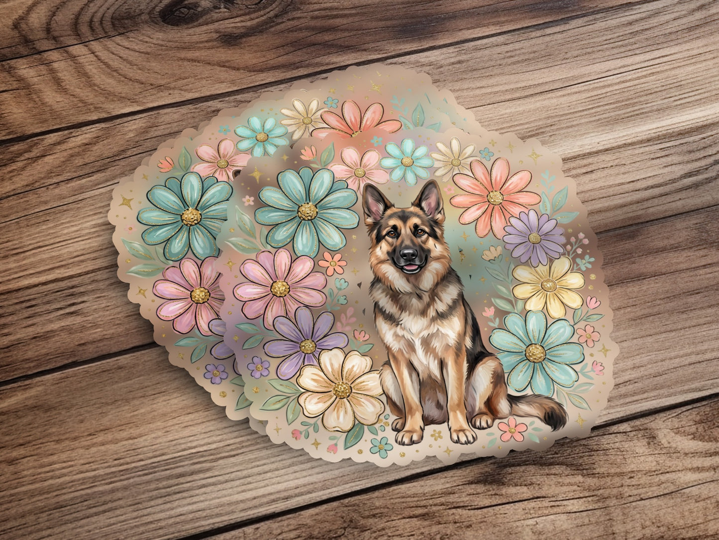 German Shepherd dog surrounded by a pastel floral wreath on a wooden background.