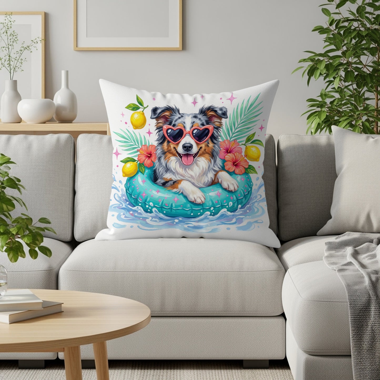 Australian Shepherd wearing heart sunglasses floats in pool with flowers and lemons.