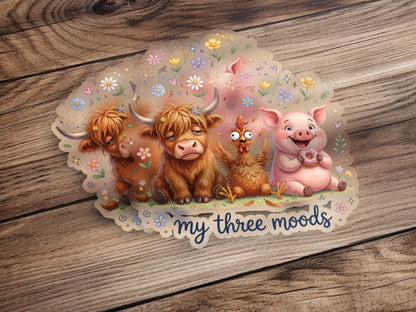 Cute highland cow, chicken, and pig with "my three moods" text.