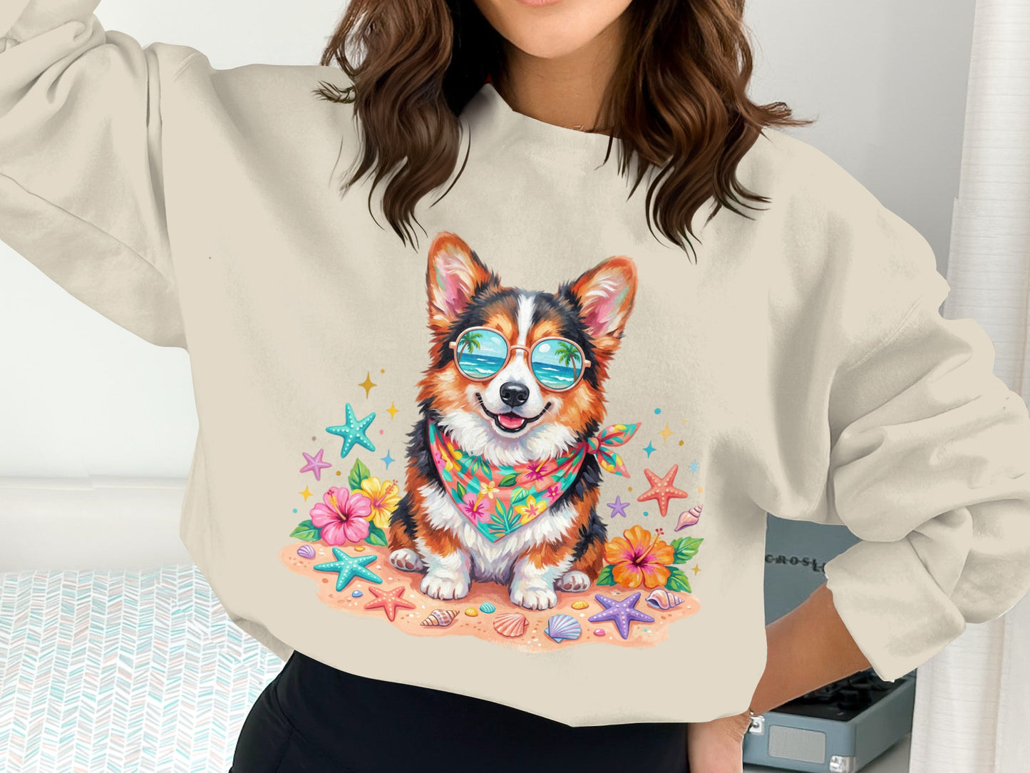 Corgi wearing sunglasses and bandana on beach with seashells and flowers.