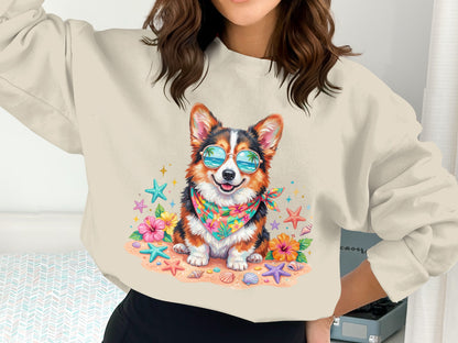 Corgi wearing sunglasses and bandana on beach with seashells and flowers.