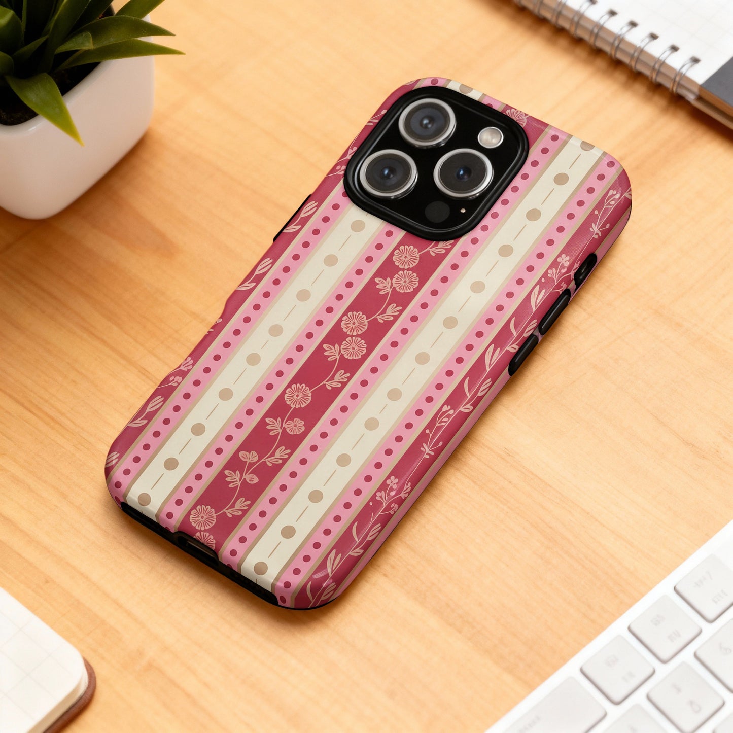 iPhone case with a pink, beige, and white striped floral pattern.