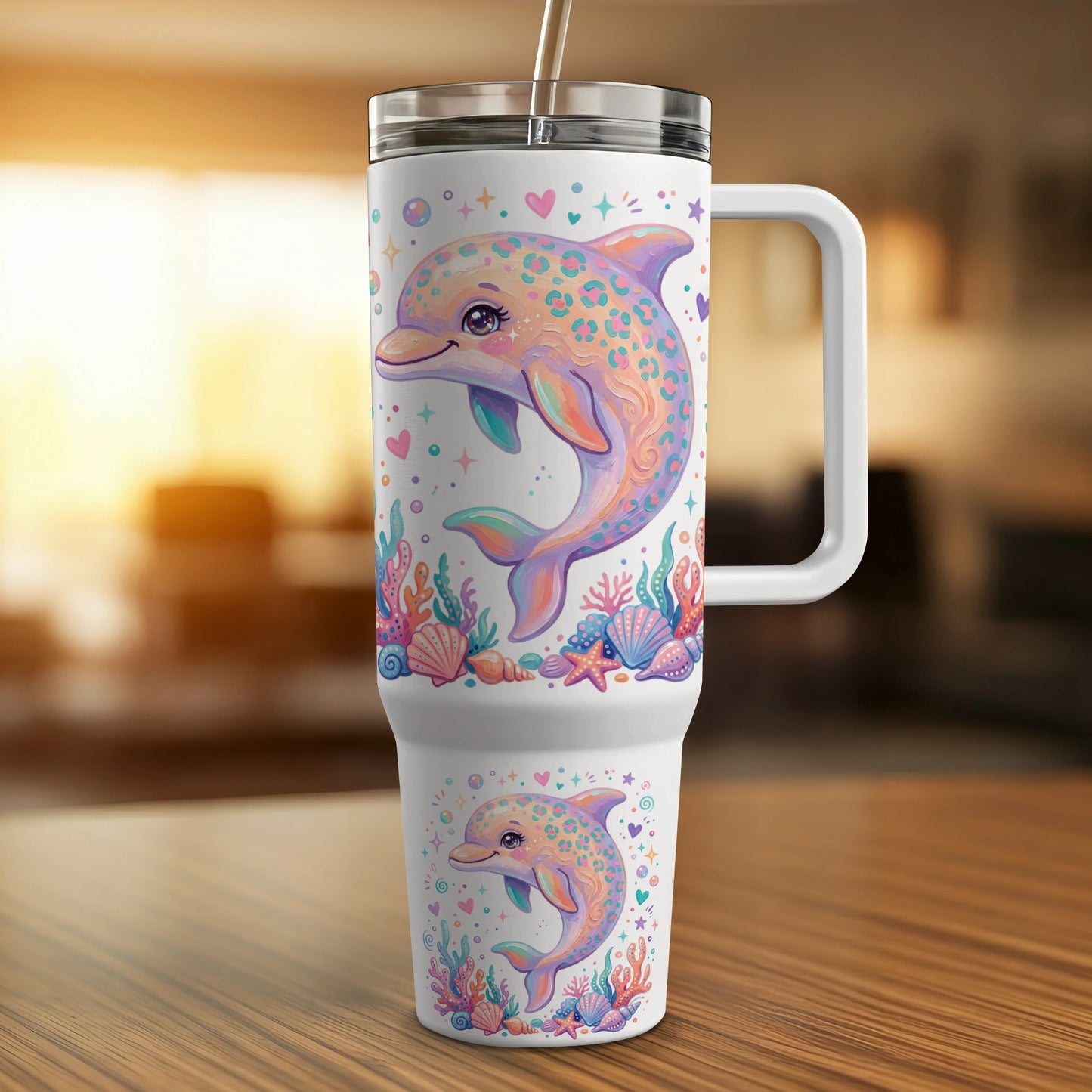 White insulated tumbler with colorful dolphin and sea creature designs.