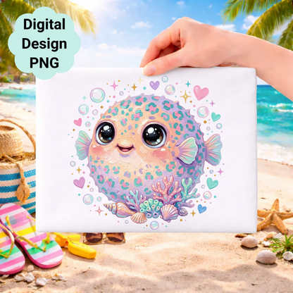 Cute cartoon pufferfish with bubbles and seashells on a beach background.