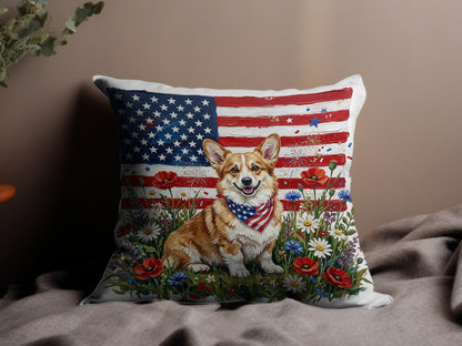 Corgi wearing a bandana sits in a field of wildflowers with an American flag behind it.