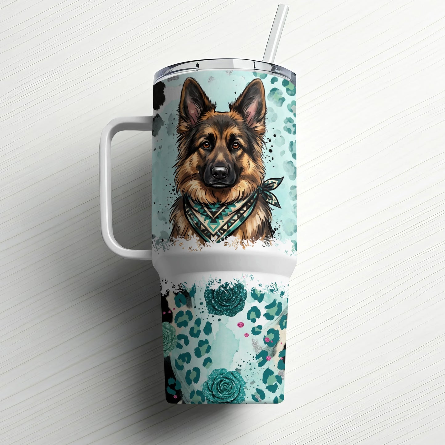 German Shepherd with bandana on tumbler with teal leopard print and glitter accents.