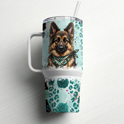German Shepherd with bandana on tumbler with teal leopard print and glitter accents.