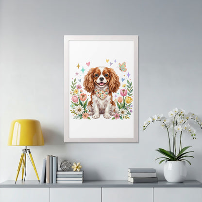 Watercolor painting of a Cavalier King Charles Spaniel wearing a bandana, surrounded by flowers.